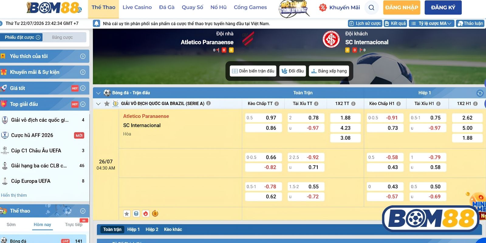 Bảng tỷ lệ kèo trận Athletico-PR vs Internacional ngày 26/07/2026