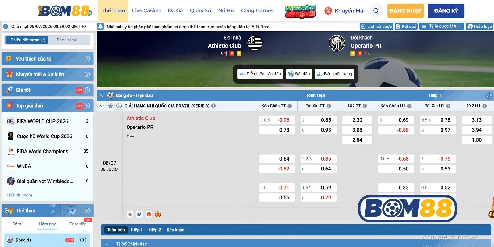 Bảng tỷ lệ kèo trận Athletic Club vs Operario PR ngày 08/07/2026