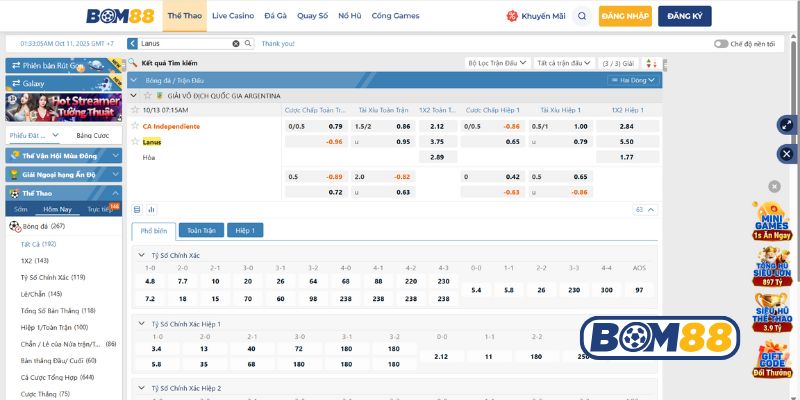 Bảng tỷ lệ kèo trận Independiente vs Lanus 13/10/2025
