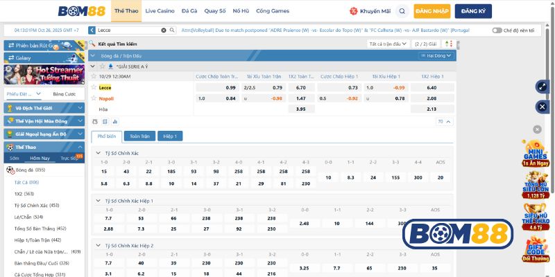 Bảng tỷ lệ kèo trận Lecce vs Napoli 29/10/2025