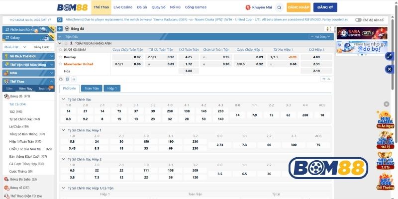 Bảng tỷ lệ kèo trận Burnley vs Man United ngày 08/01/2026