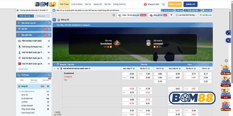Bảng tỷ lệ kèo trận Sunderland vs Liverpool ngày 12/02/2026