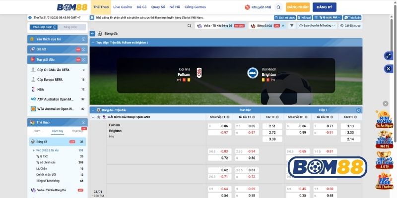Bảng tỷ lệ kèo trận Fulham vs Brighton ngày 24/01/2026