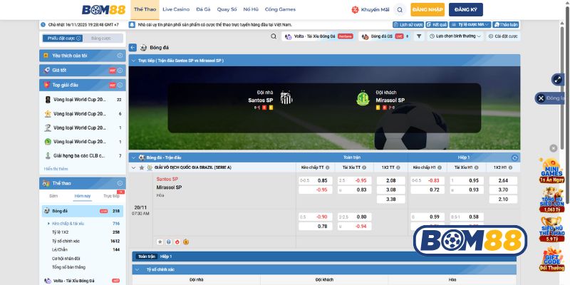 Bảng tỷ lệ kèo trận Santos vs Mirassol 20/11/2025