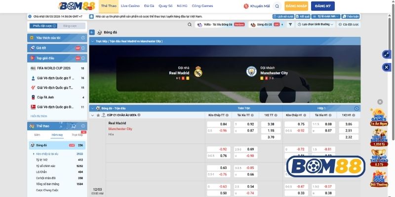 Bảng tỷ lệ kèo trận Real Madrid vs Man City ngày 12/03/2026