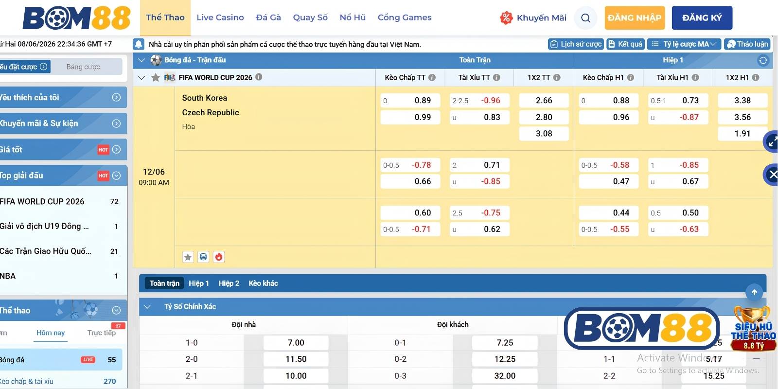 Bảng tỷ lệ kèo trận Hàn Quốc vs Séc ngày 12/06/2026