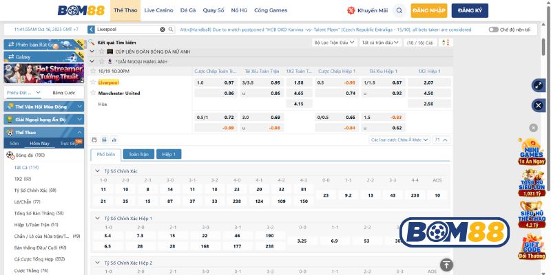 Bảng tỷ lệ kèo trận Liverpool vs Man United 19/10/2025