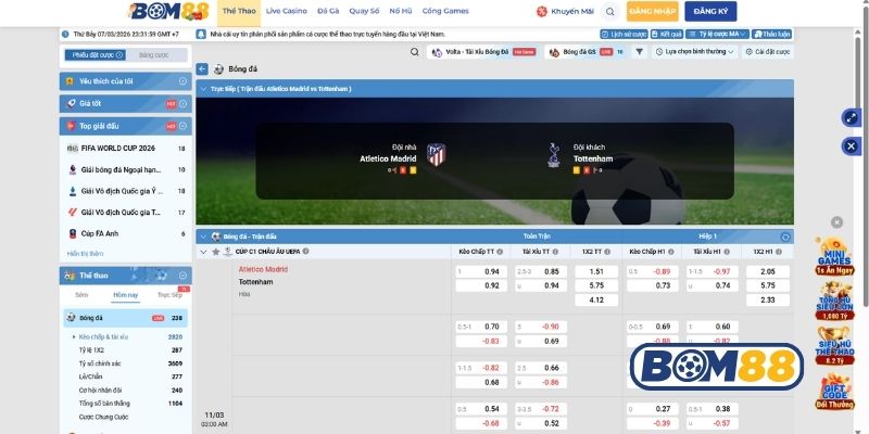 Bảng tỷ lệ kèo trận Atletico Madrid vs Tottenham ngày 11/03/2026