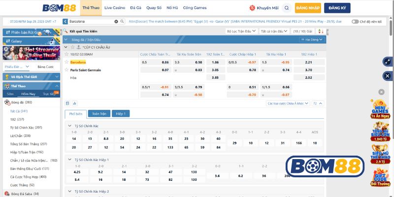 Bảng tỷ lệ kèo trận Barcelona vs PSG 02/10/2025