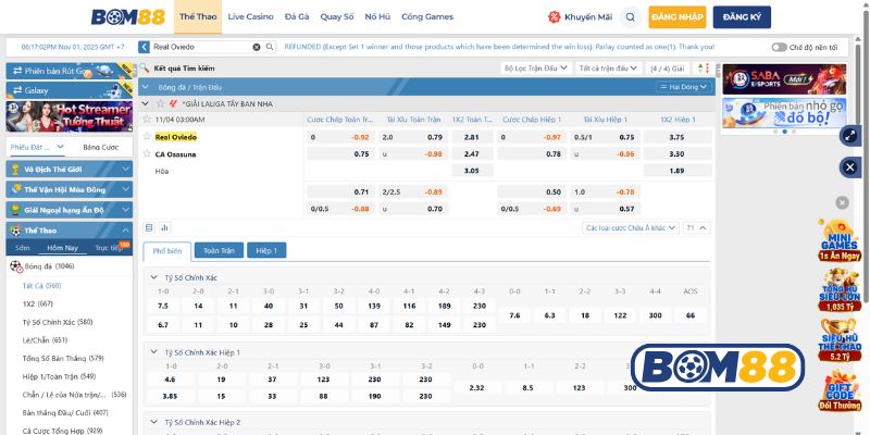 Bảng tỷ lệ kèo trận Real Oviedo vs Osasuna 04/11/2025