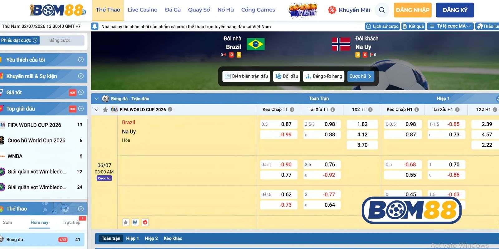 Bảng tỷ lệ kèo trận Brazil vs Na Uy ngày 06/07/2026