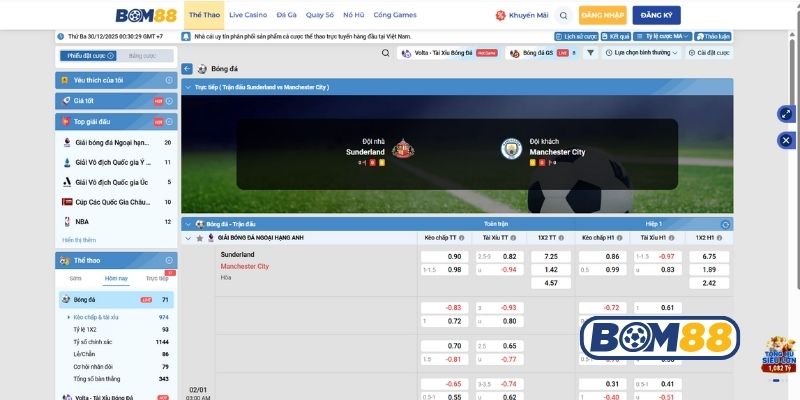 Bảng tỷ lệ kèo trận Sunderland vs Man City ngày 02/01/2026