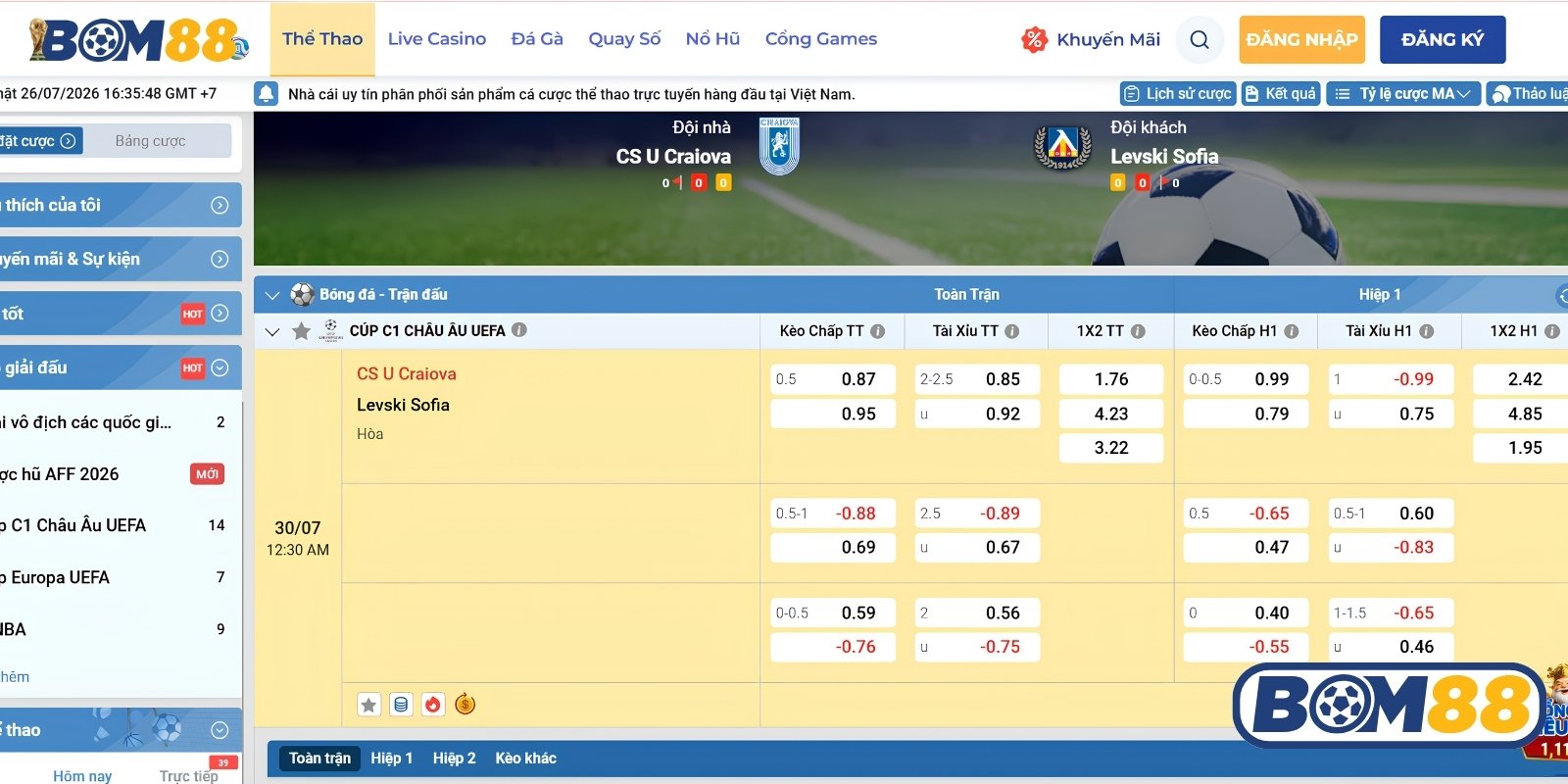 Bảng tỷ lệ kèo trận CS U Craiova vs Levski Sofia ngày 30/07/2026