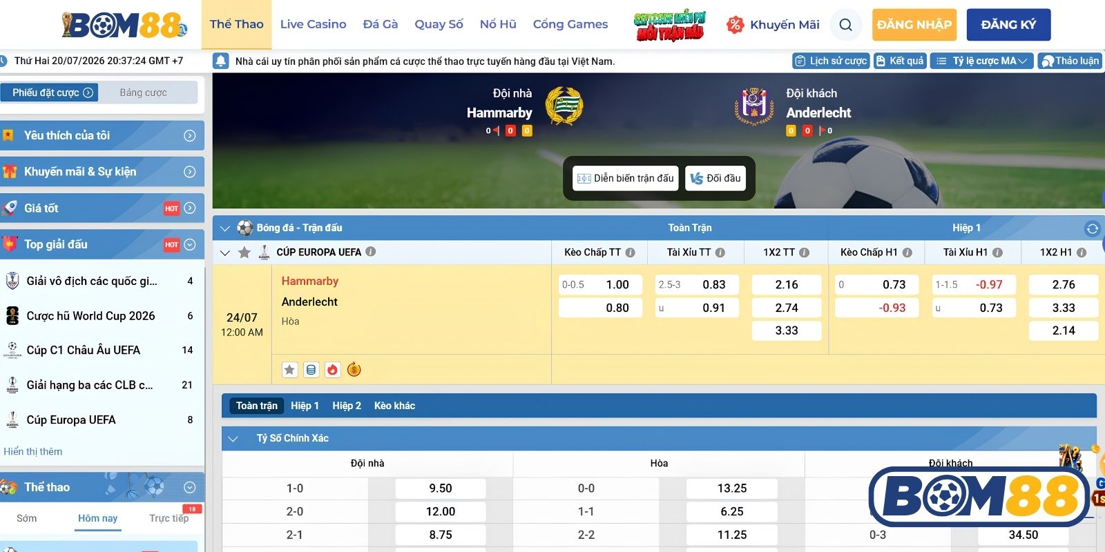 Bảng tỷ lệ kèo trận Hammarby vs Anderlecht ngày 24/07/2026
