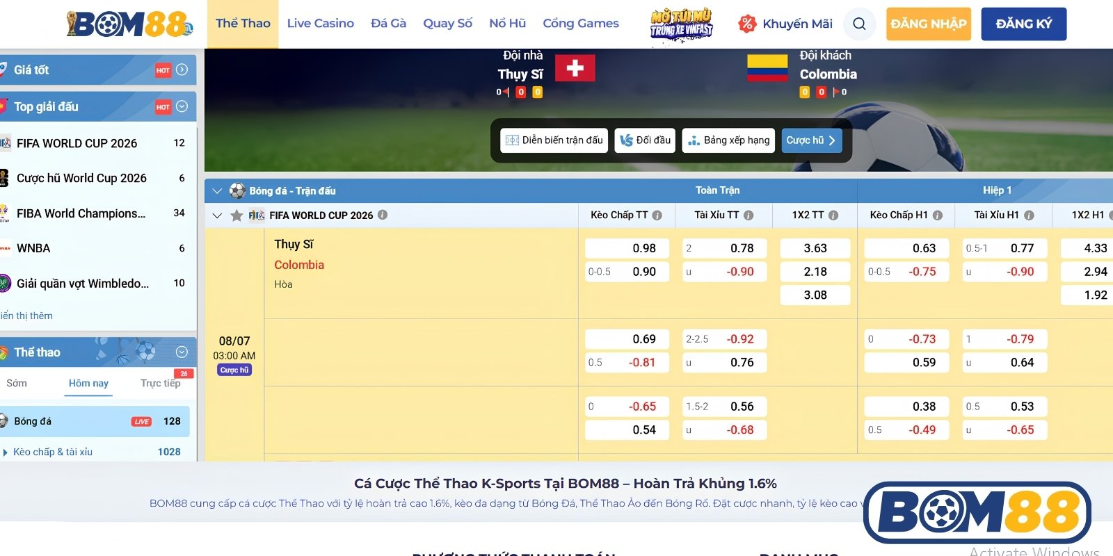 Bảng tỷ lệ kèo trận Thụy Sĩ vs Colombia ngày 08/07/2026