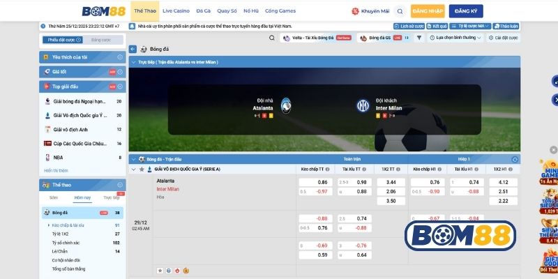 Bảng tỷ lệ kèo trận Atalanta vs Inter Milan ngày 29/12/2025