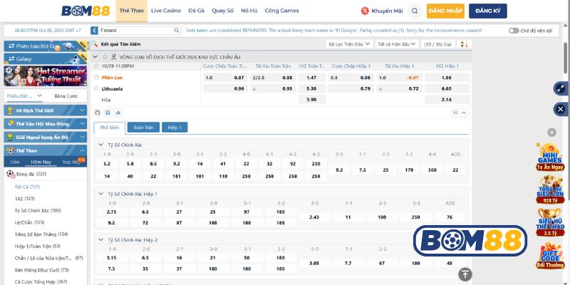 Bảng tỷ lệ kèo trận Phần Lan vs Lithuania 09/10/2025