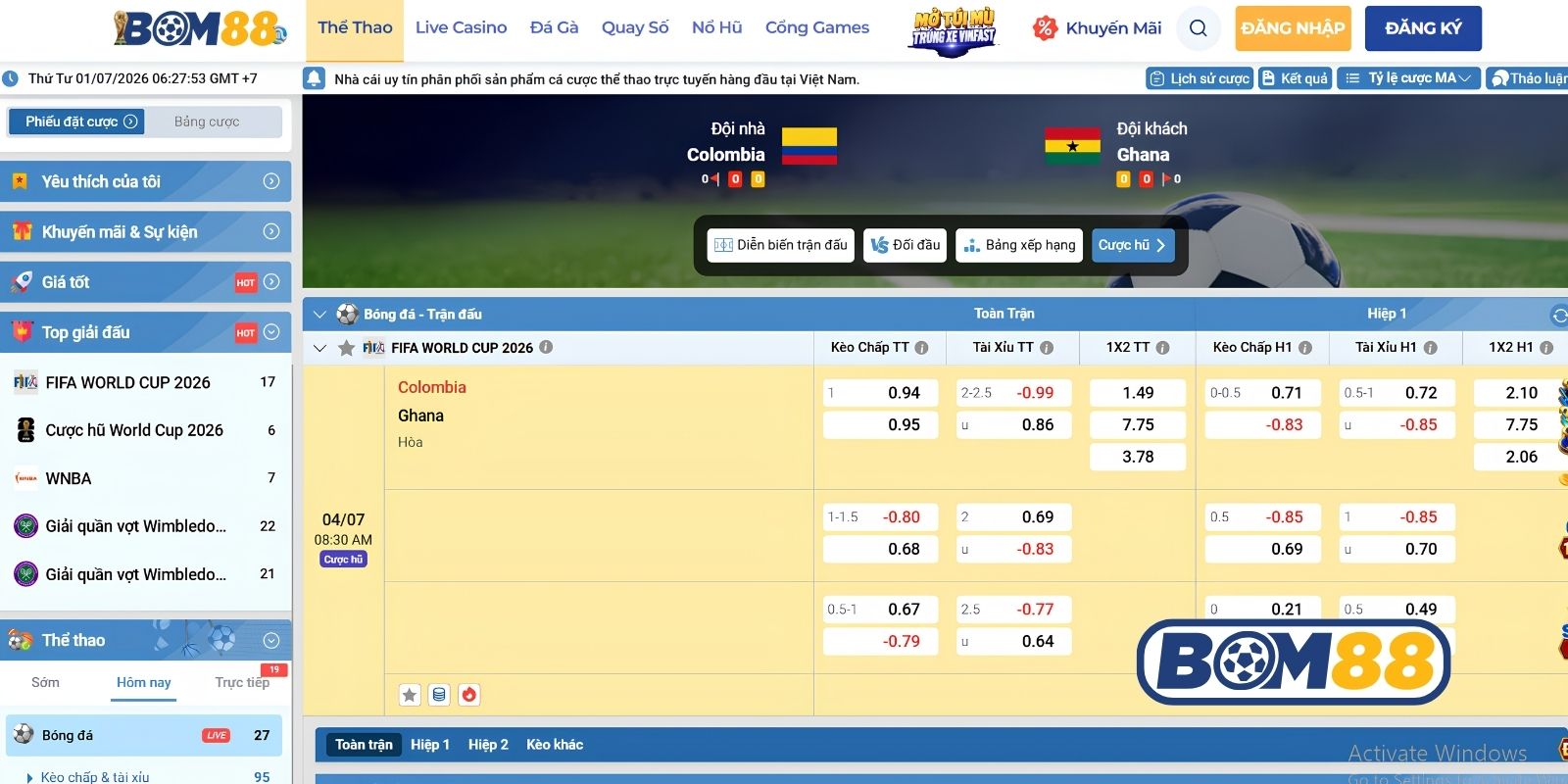 Bảng tỷ lệ kèo trận Colombia vs Ghana ngày 04/07/2026