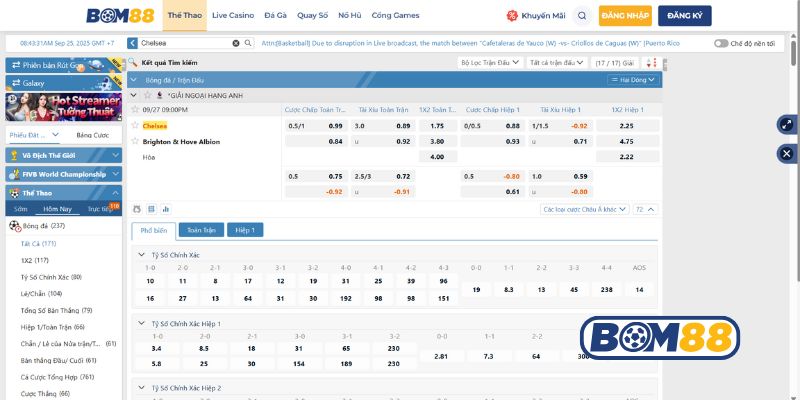 Bảng tỷ lệ kèo trận Chelsea vs Brighton 27/09/2025