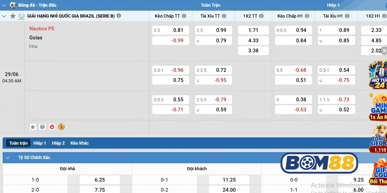 Bảng tỷ lệ kèo trận Nautico vs Goias ngày 29/06/2026