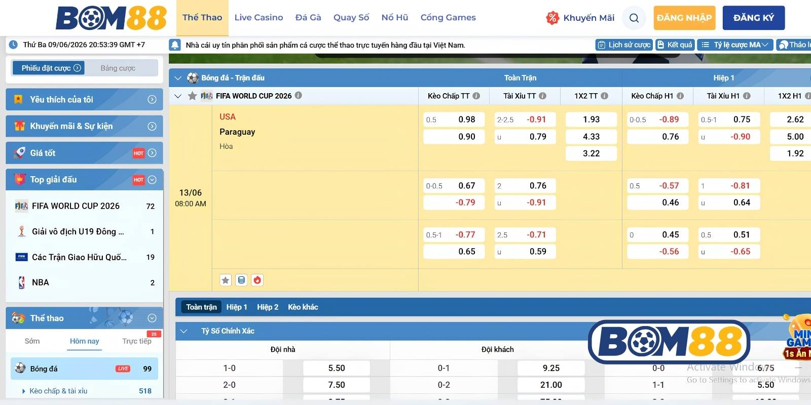 Bảng tỷ lệ kèo trận Mỹ vs Paraguay ngày 13/06/2026