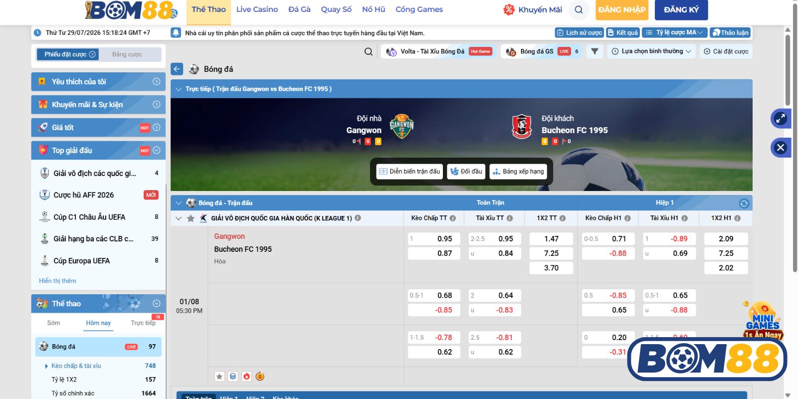 Bảng tỷ lệ kèo trận Gangwon vs Bucheon 1995 ngày 01/08/2026