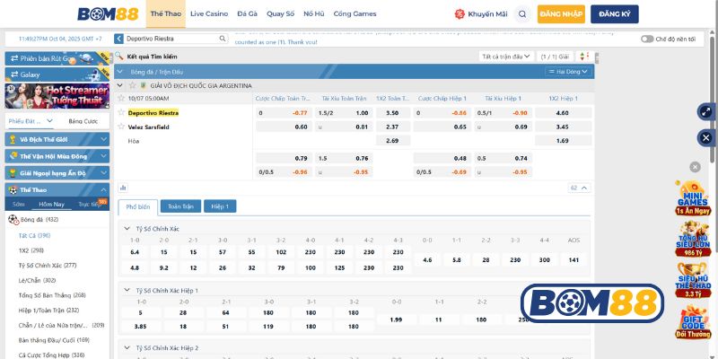 Bảng tỷ lệ kèo trận Deportivo Riestra vs Velez 07/10/2025