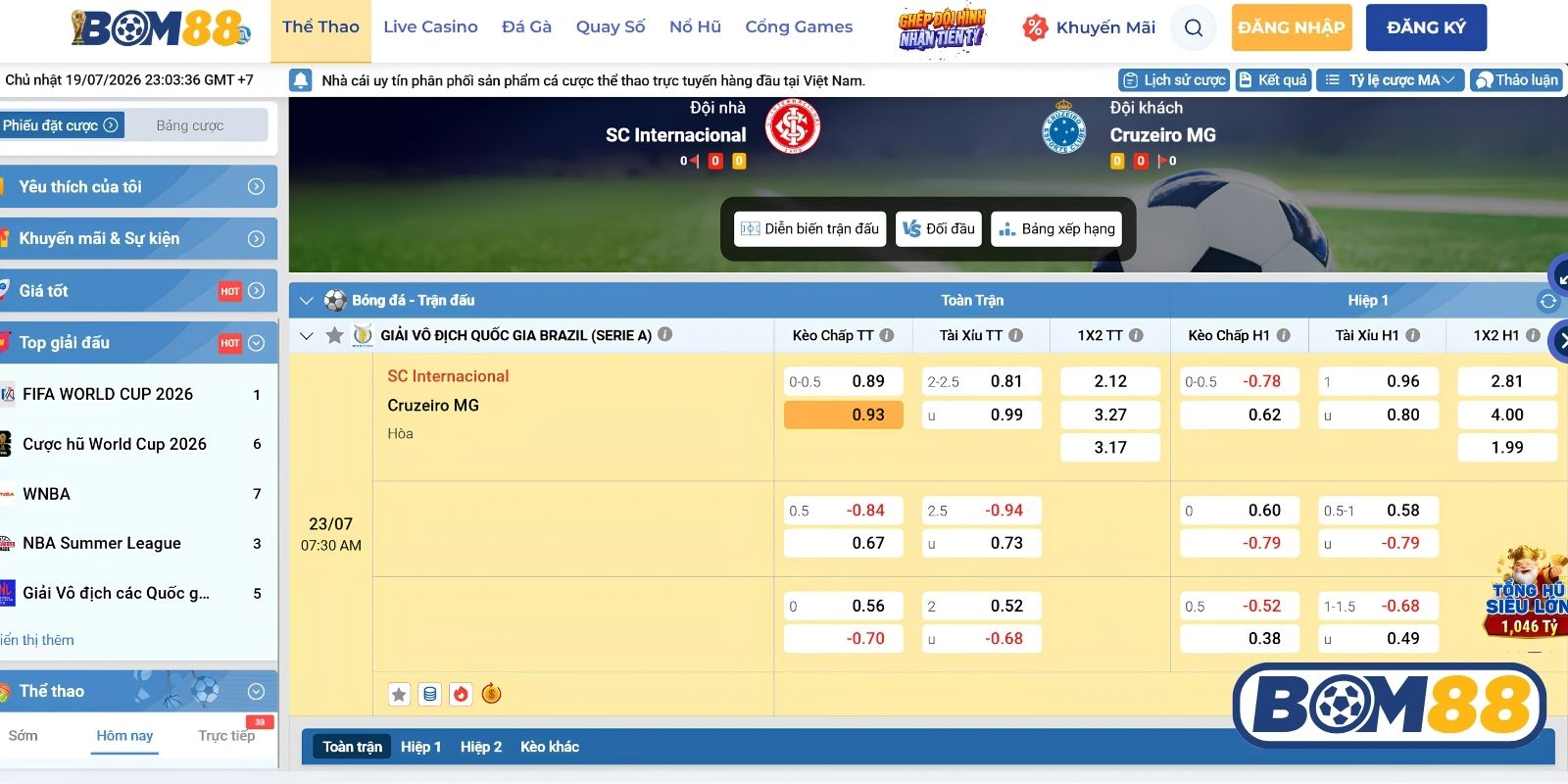 Bảng tỷ lệ kèo trận SC Internacional vs Cruzeiro MG ngày 23/07/2026