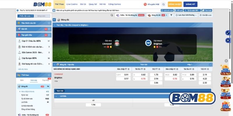 Bảng tỷ lệ kèo trận Liverpool vs Brighton 13/12/2025
