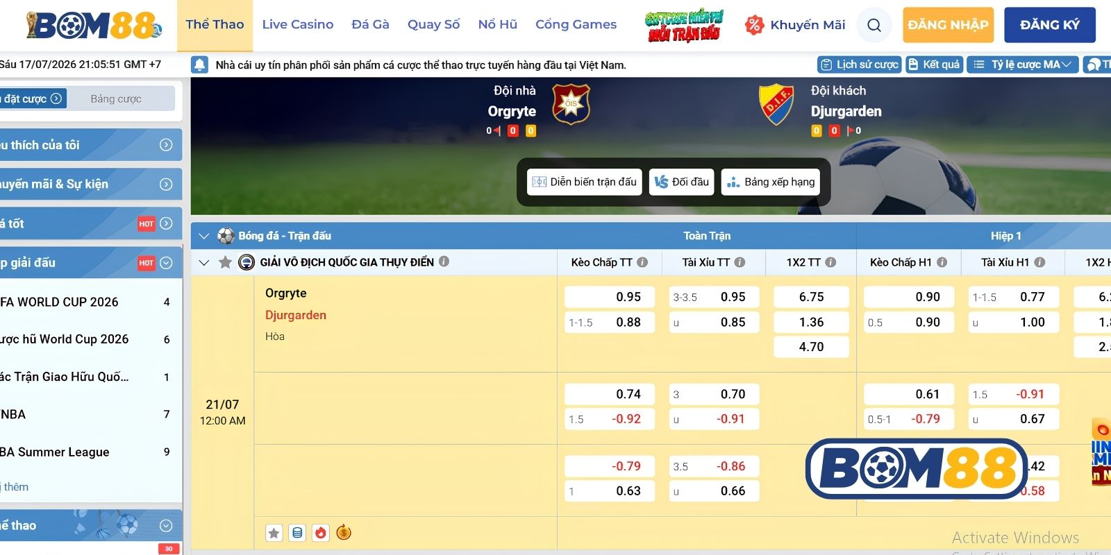 Bảng tỷ lệ kèo trận Orgryte vs Djurgarden ngày 21/07/2026