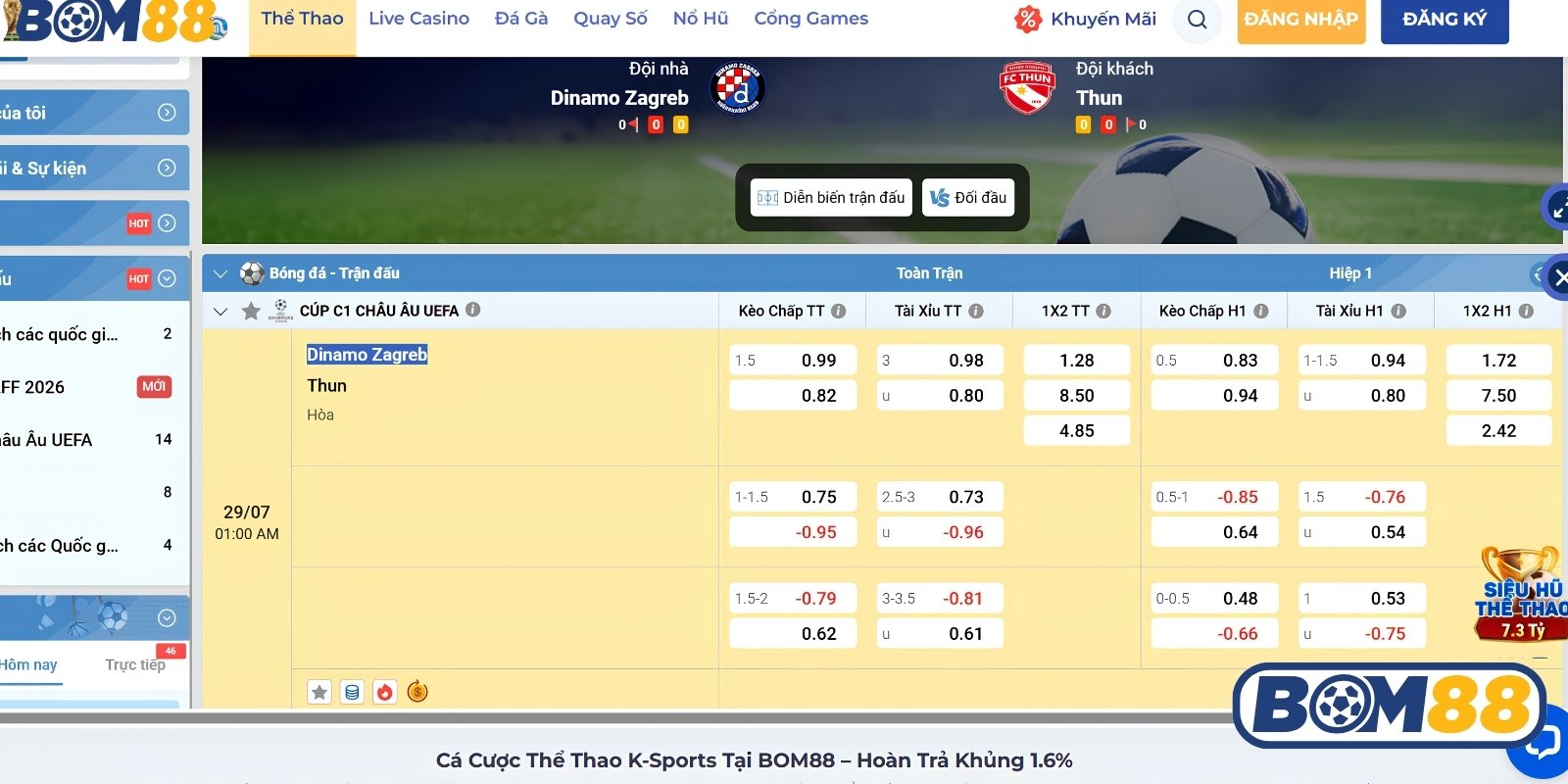 Bảng tỷ lệ kèo trận Dinamo Zagreb vs Thun ngày 29/07/2026