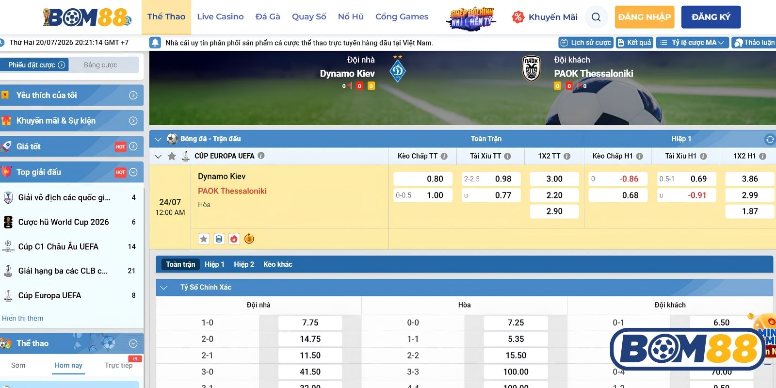 Bảng tỷ lệ kèo trận Dynamo Kiev vs PAOK ngày 24/07/2026