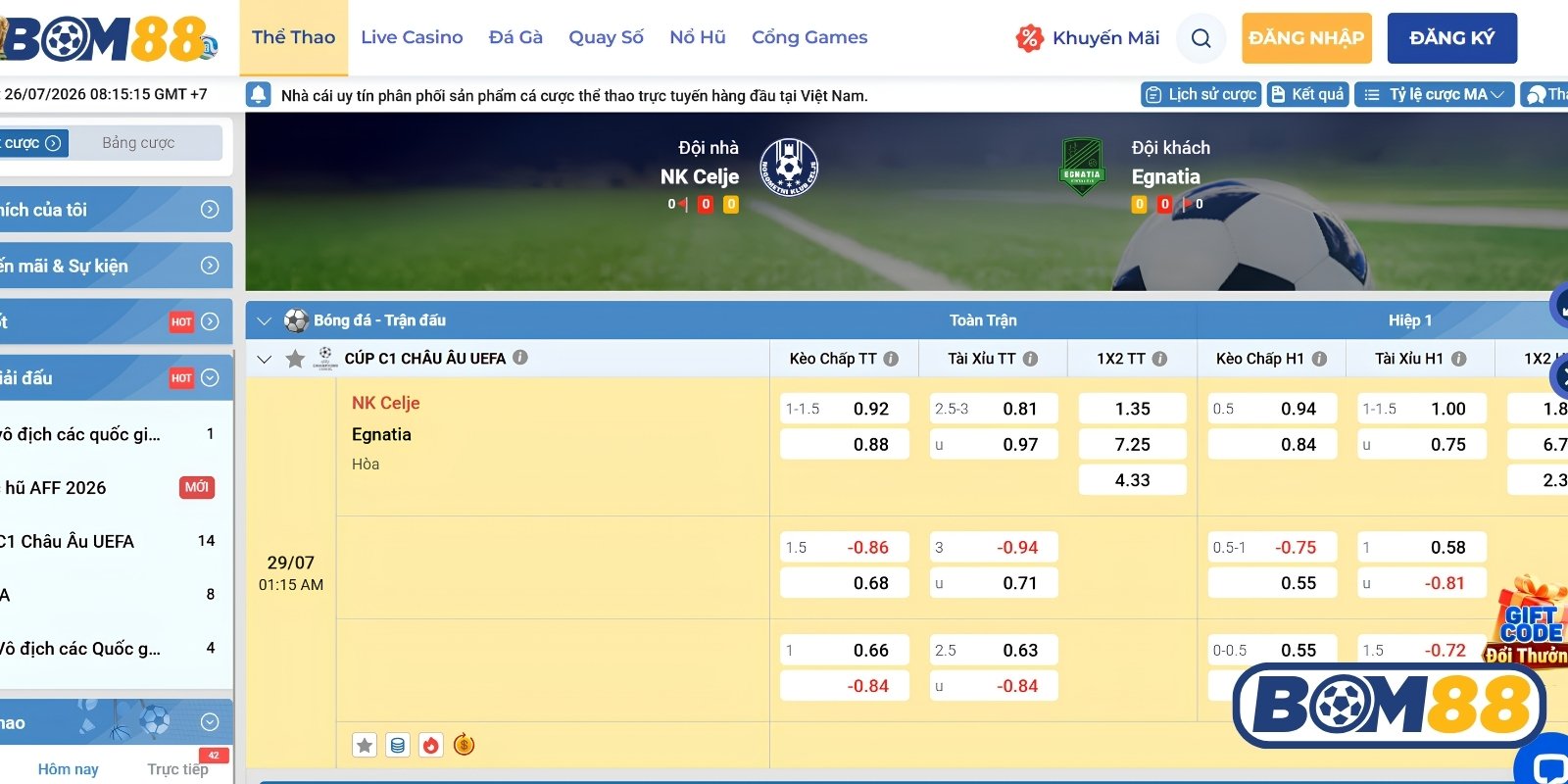 Bảng tỷ lệ kèo trận NK Celje vs Egnatia ngày 29/07/2026