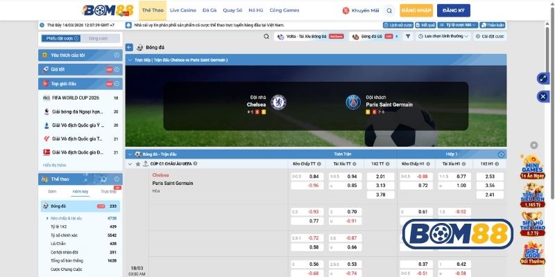 Bảng tỷ lệ kèo trận Chelsea vs PSG ngày 18/03/2026