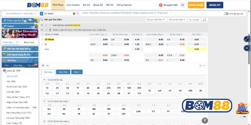 Bảng tỷ lệ kèo trận Xứ Wales vs Bỉ 14/10/2025