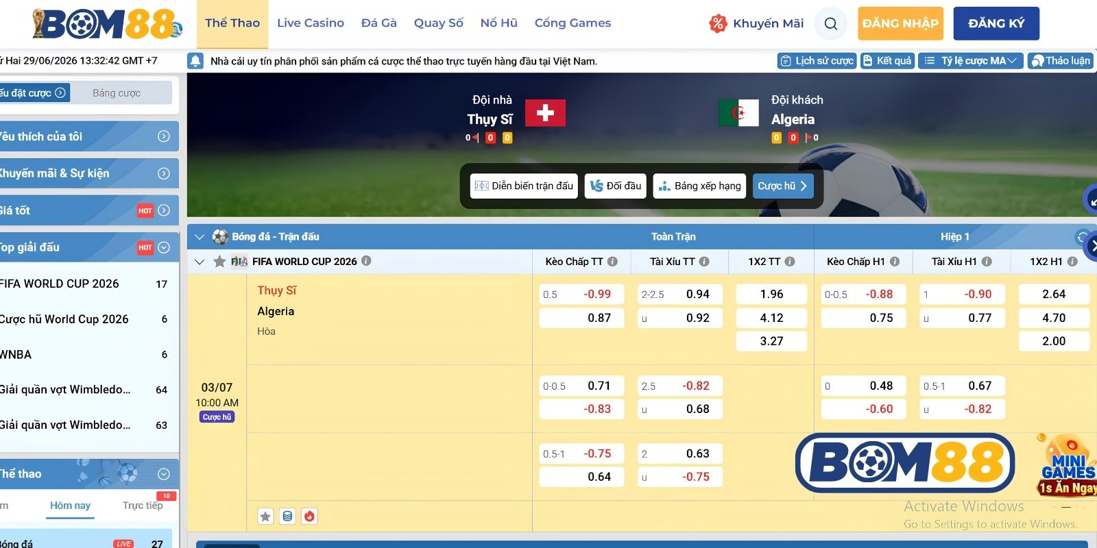 Bảng tỷ lệ kèo trận Thụy Sĩ vs Algeria ngày 03/07/2026