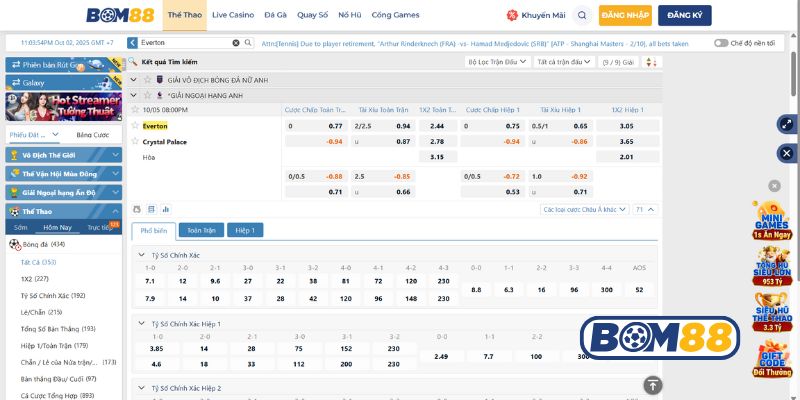 Bảng tỷ lệ kèo trận Everton vs Crystal Palace 05/10/2025