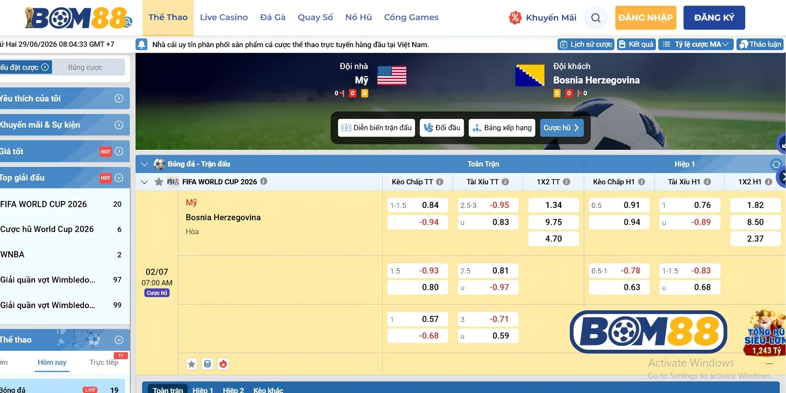 Bảng tỷ lệ kèo trận Mỹ vs Bosnia ngày 02/07/2026