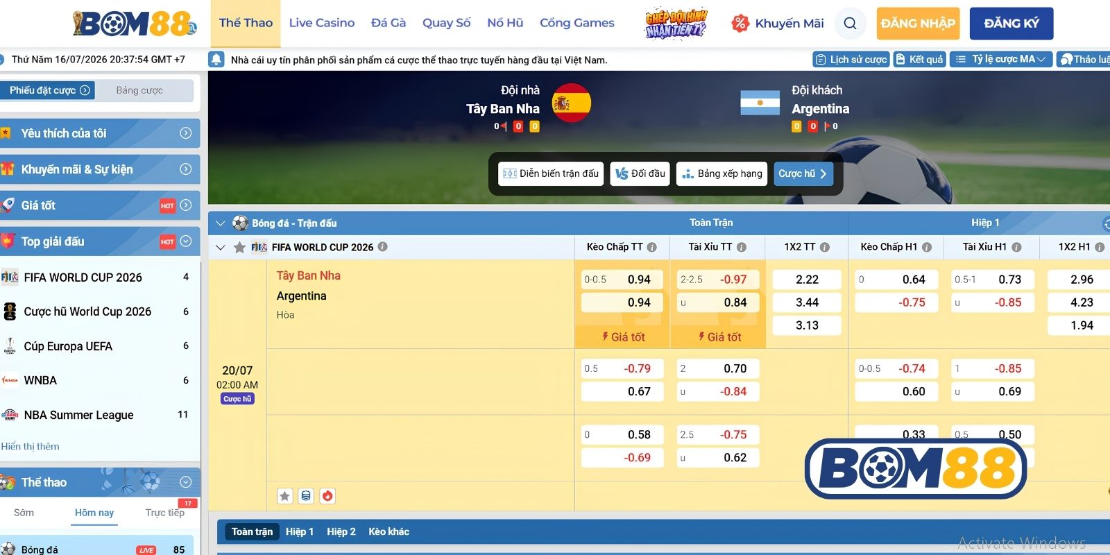 Bảng tỷ lệ kèo trận Tây Ban Nha vs Argentina ngày 20/07/2026