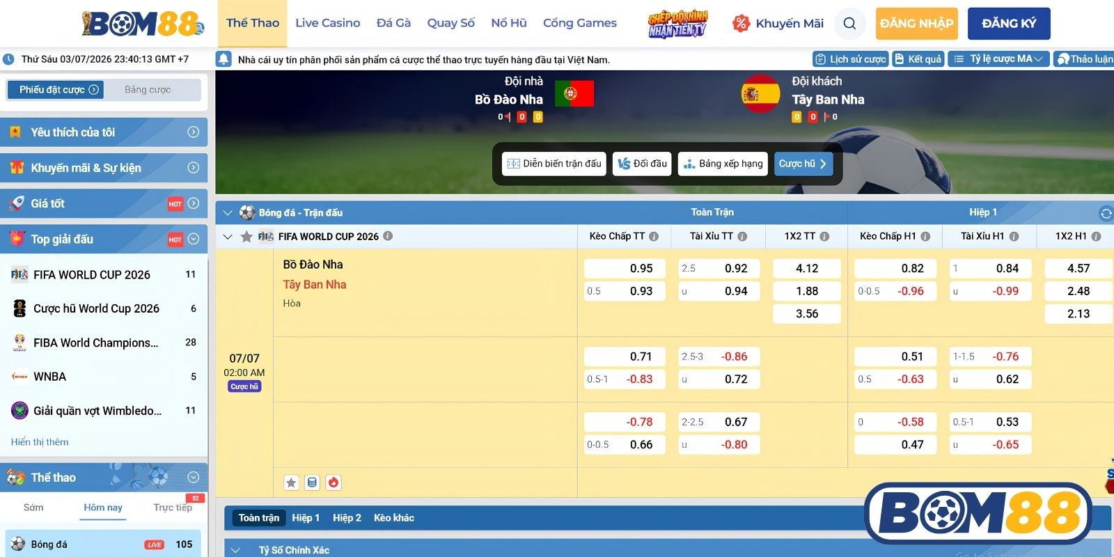 Bảng tỷ lệ kèo trận Bồ Đào Nha vs Tây Ban Nha ngày 07/07/2026