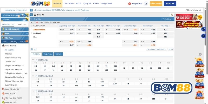 Bảng tỷ lệ kèo trận Athletic Bilbao vs Betis ngày 23/03/2026