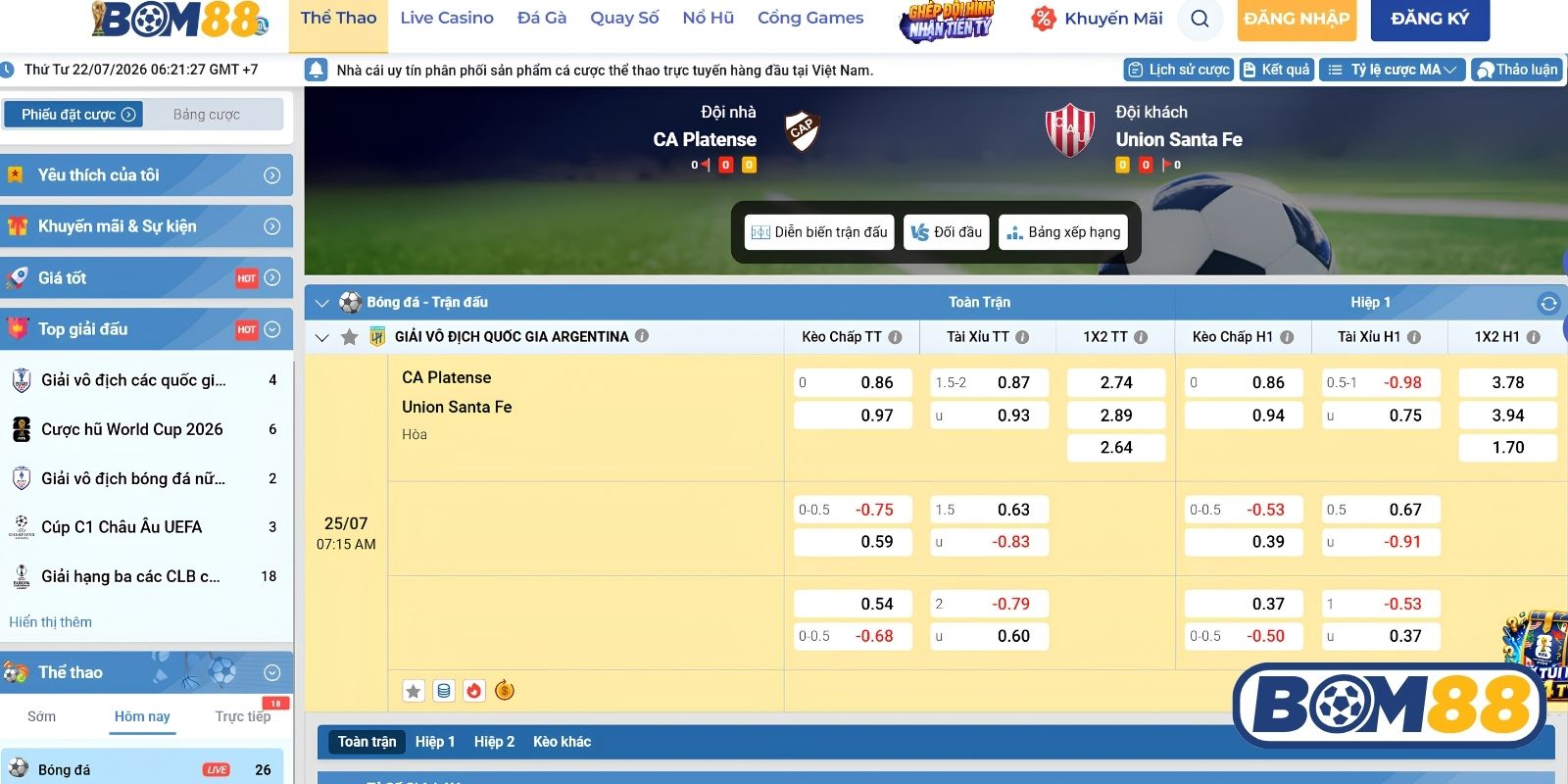 Bảng tỷ lệ kèo trận Platense vs Union ngày 25/07/2026