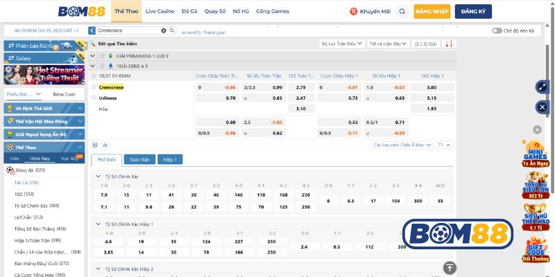 Bảng tỷ lệ kèo trận Cremonese vs Udinese 21/10/2025