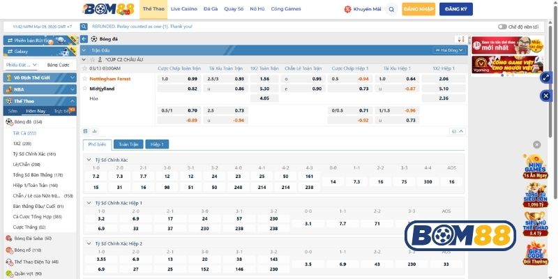 Bảng tỷ lệ kèo trận Nottingham vs Midtjylland ngày 13/03/2026