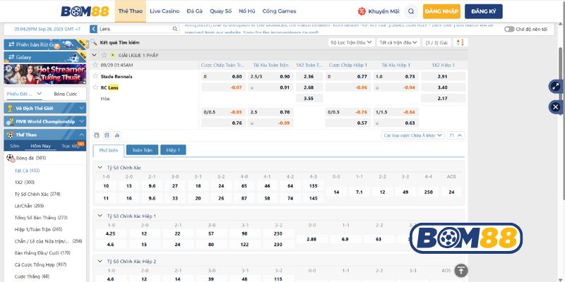 Bảng tỷ lệ kèo trận Rennes vs Lens 29/09/2025