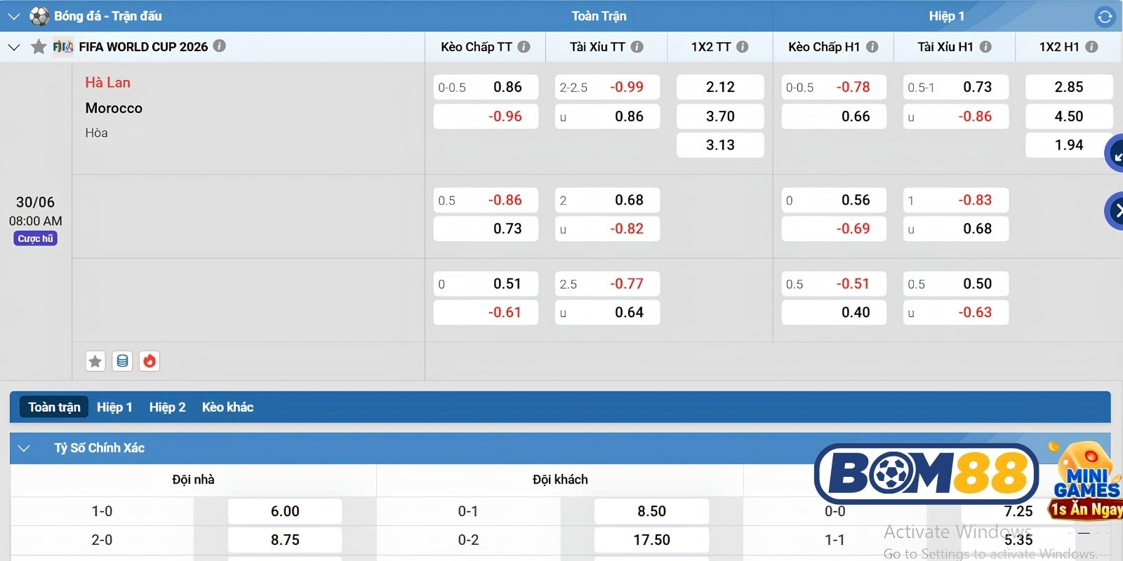 Bảng tỷ lệ kèo trận Hà Lan vs Maroc ngày 30/06/2026