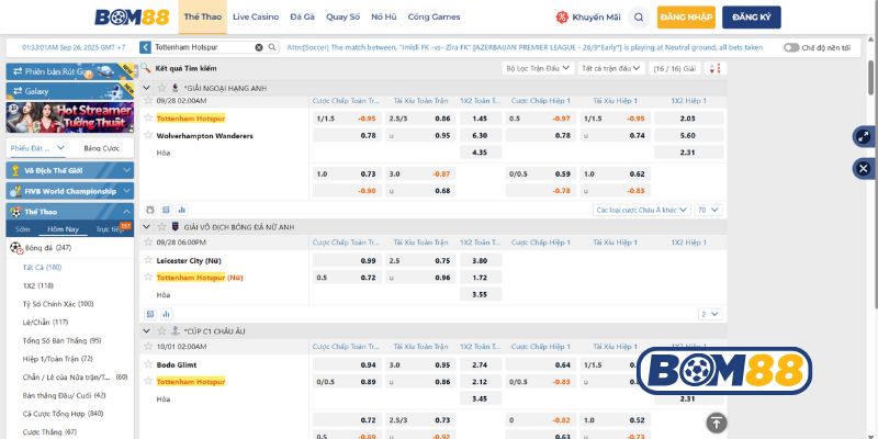 Bảng tỷ lệ kèo trận Tottenham vs Wolverhampton 28/09/2025