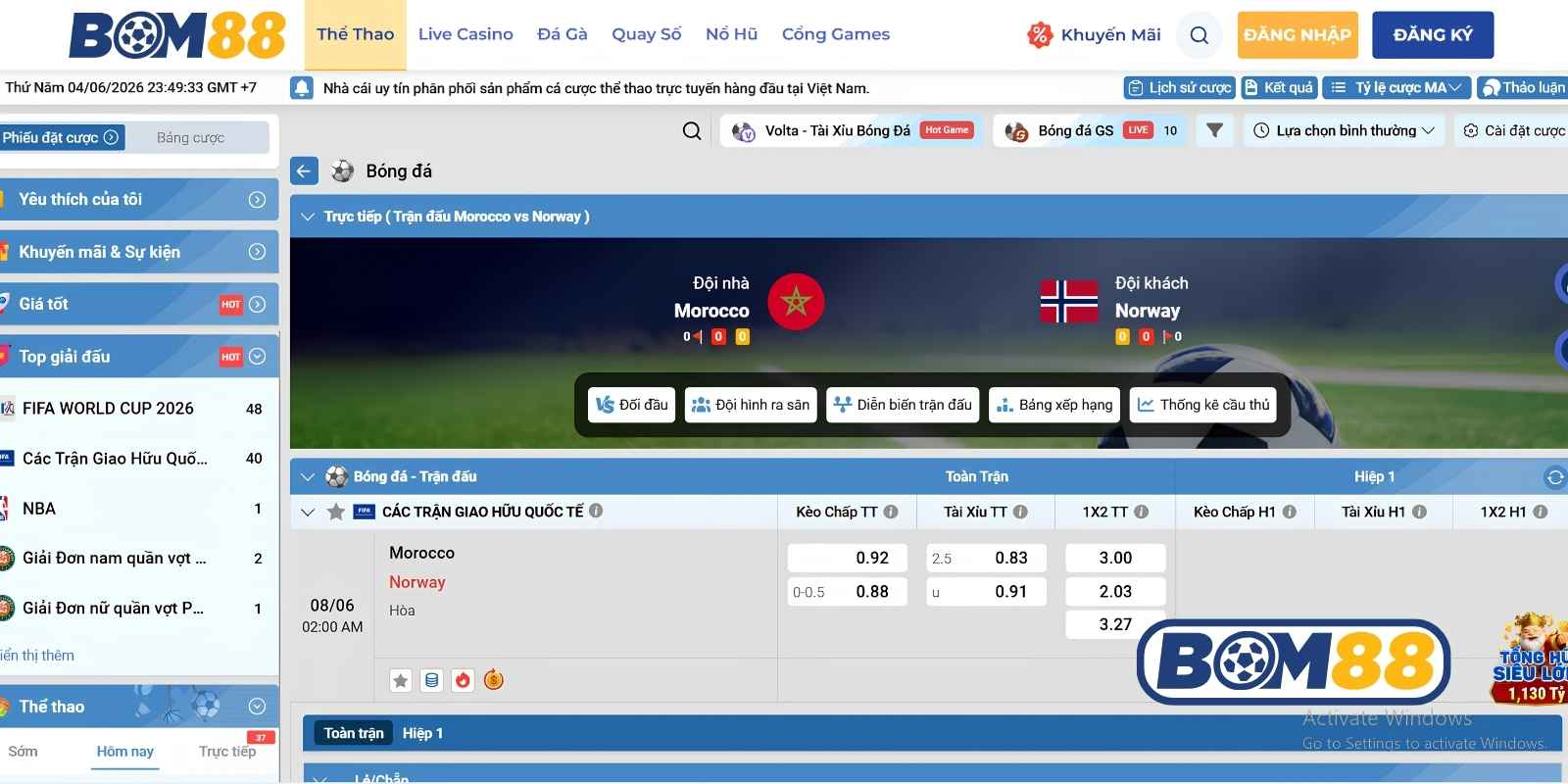Bảng tỷ lệ kèo trận Morocco vs Na Uy ngày 08/06/2026