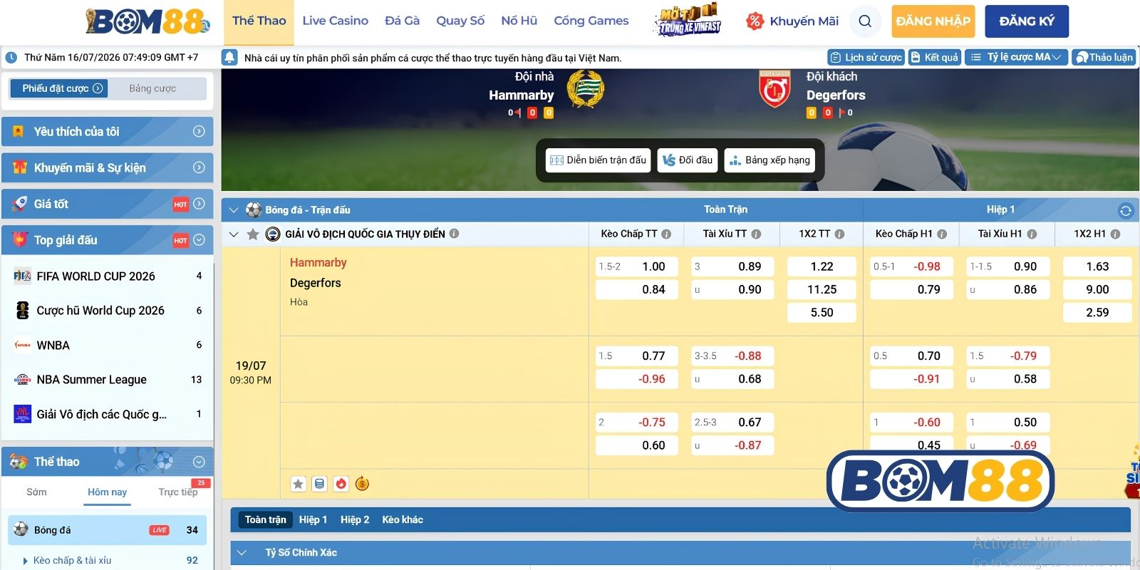 Bảng tỷ lệ kèo trận Hammarby vs Degerfors ngày 19/07/2026