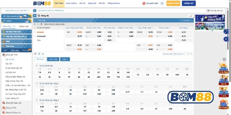 Bảng tỷ lệ kèo trận Arsenal vs Liverpool ngày 09/01/2026